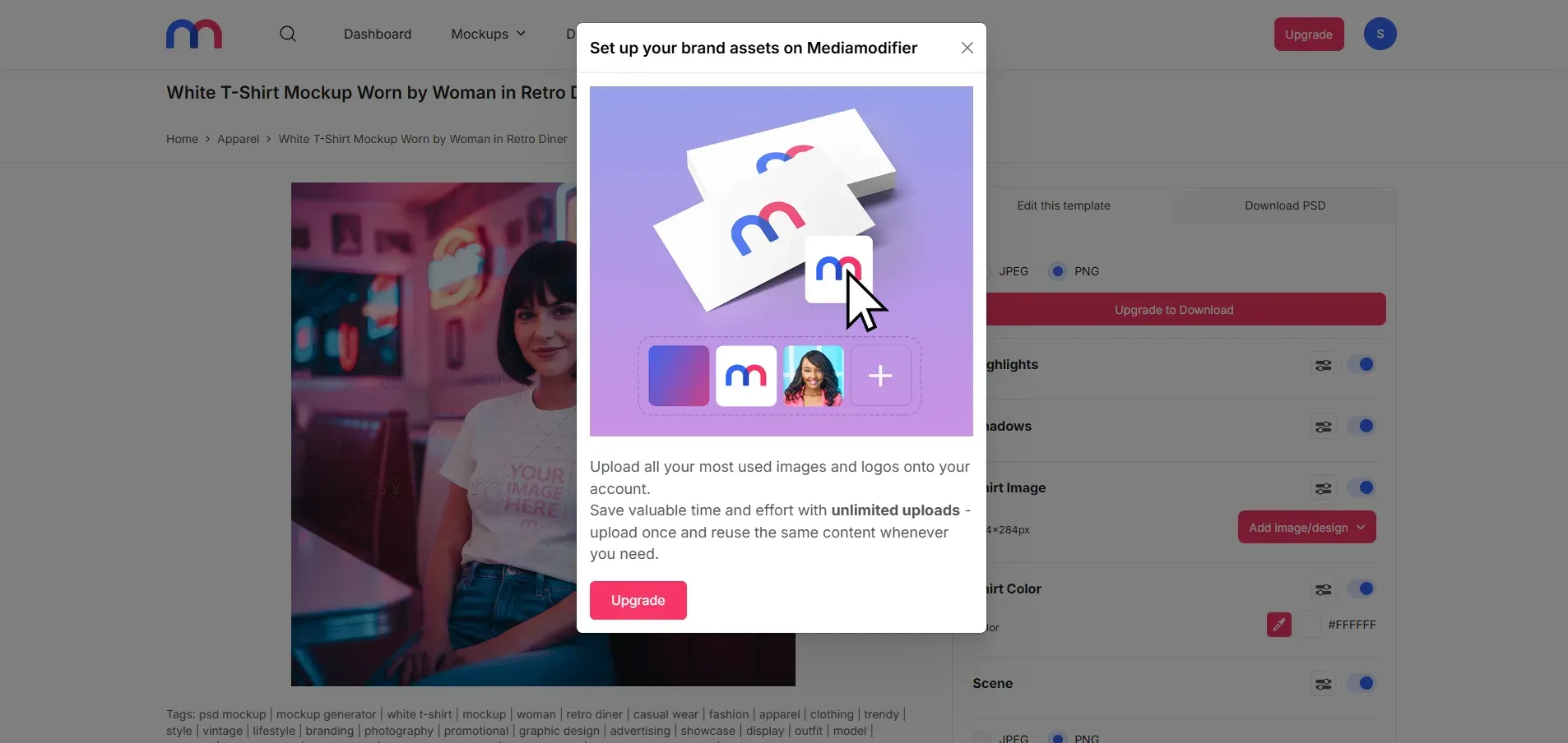 MediaModifier popup prompting users to upload brand assets with unlimited uploads upgrade option.